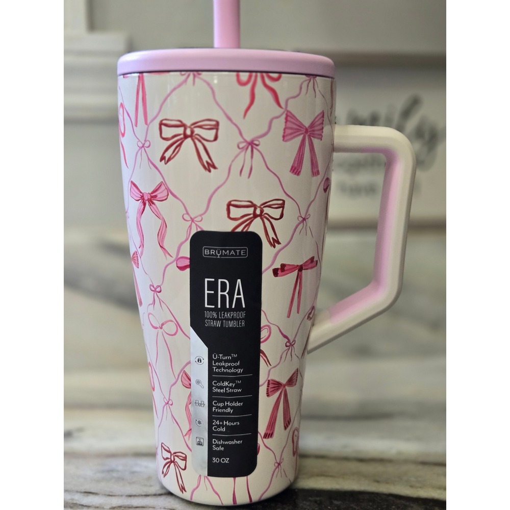 BruMate Era 30oz Leakproof Straw Tumbler Pink Bow Trellis Cream New